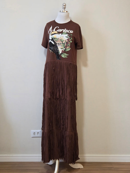 Vestido Longo Farm T-Shirt Franjas À Carioca Marrom
