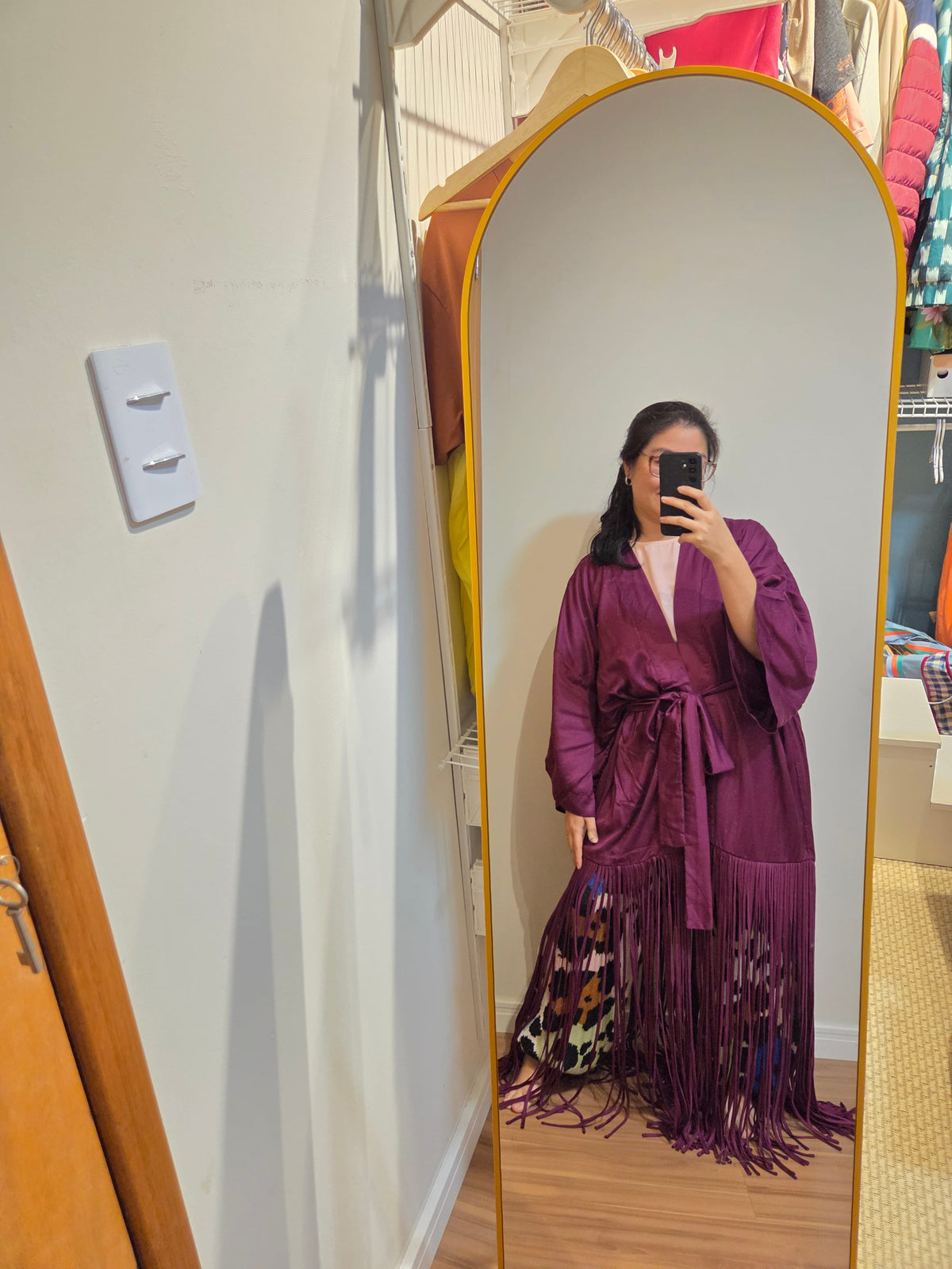 Kimono Farm Alongado Acetinado Franja Roxo