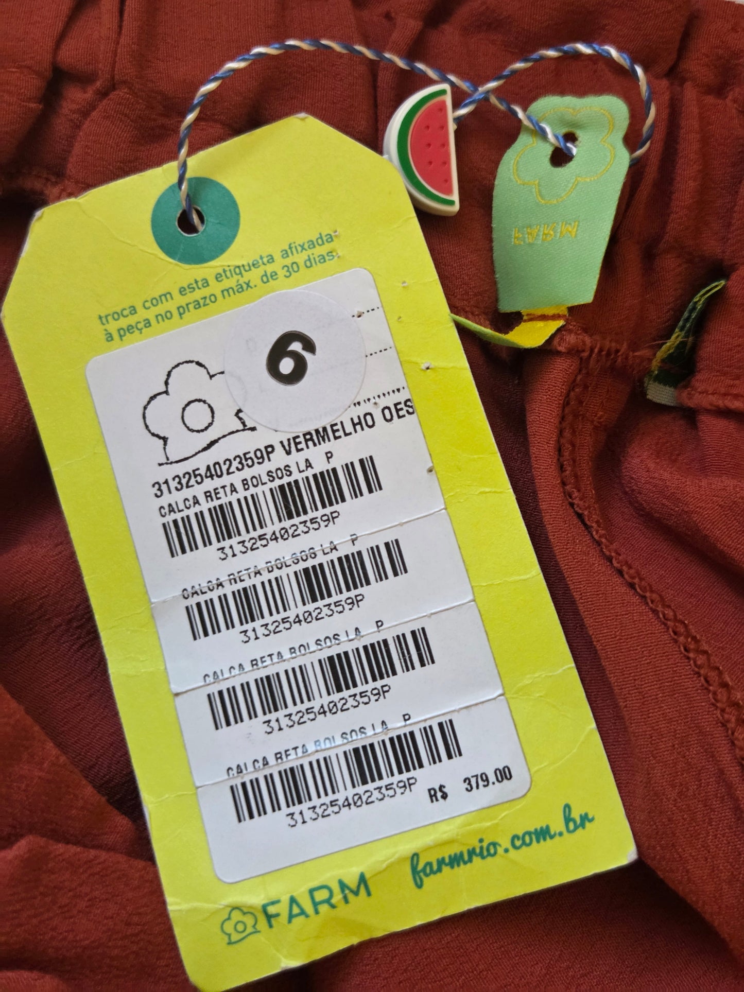 Calça Farm Reta Bolsos Laterais Vermelho Oeste