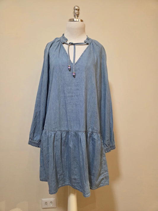 Vestido Maria Filó Curto Jeans Manga Comprida