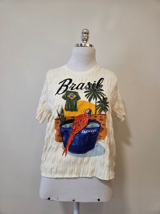 Blusinha Farm Tecido Especial Brasil Arara Off-White