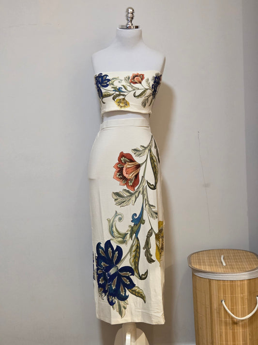 Conjunto Farm Top e Saia Longa Maitê Floral Off-White