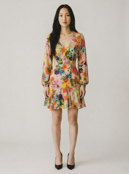 Vestido Farm Curto Floral Manga Comprida