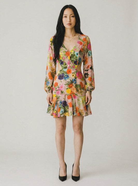 Vestido Farm Curto Floral Manga Comprida