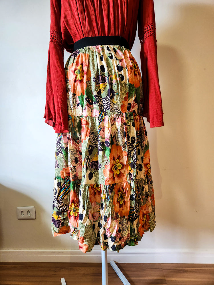 Saia Estampada Floral Multi Colorida com Babados