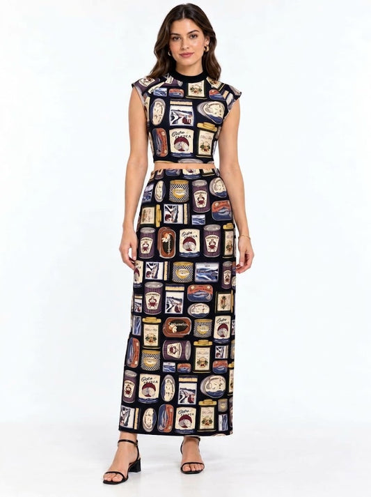 Conjunto Farm Cropped e Saia Longa Iguarias do Litoral Preto