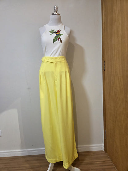 Calça Farm Reta Pregas Amarelo