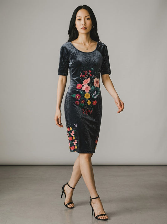 Vestido Blue Steel Preto Floral Aveludado