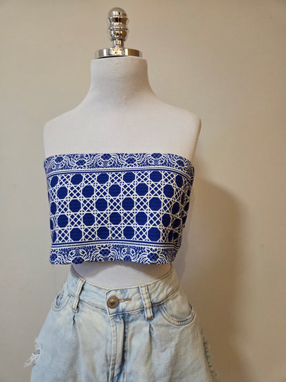 Top Faixa Dupla Face Farm Refresco Canelado Azul e Branco