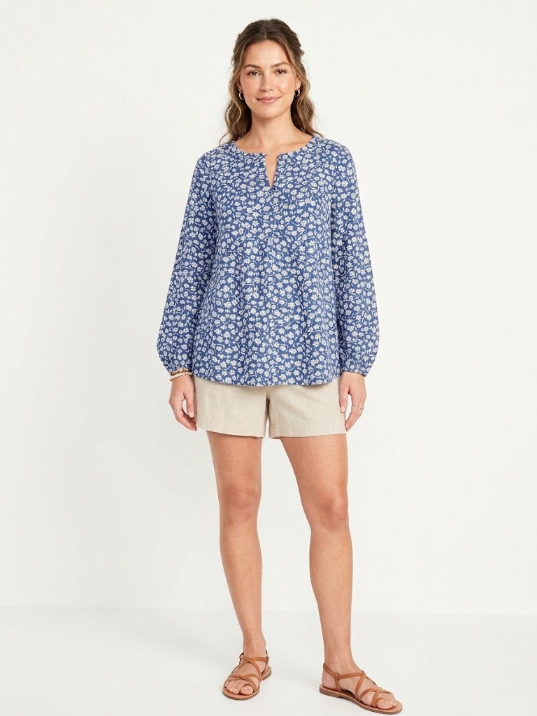 Blusa Túnica Floral Old Navy Azul com Botões Frontais