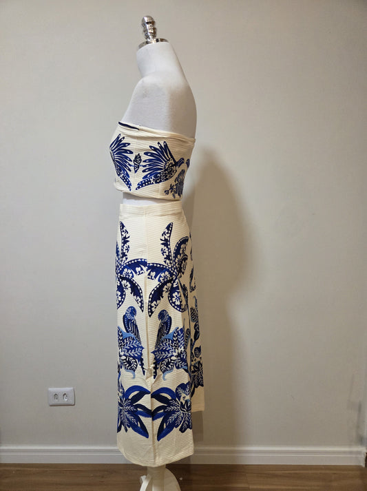 Conjunto Farm Top e Saia Coqueiro Tropical Azul e Branco