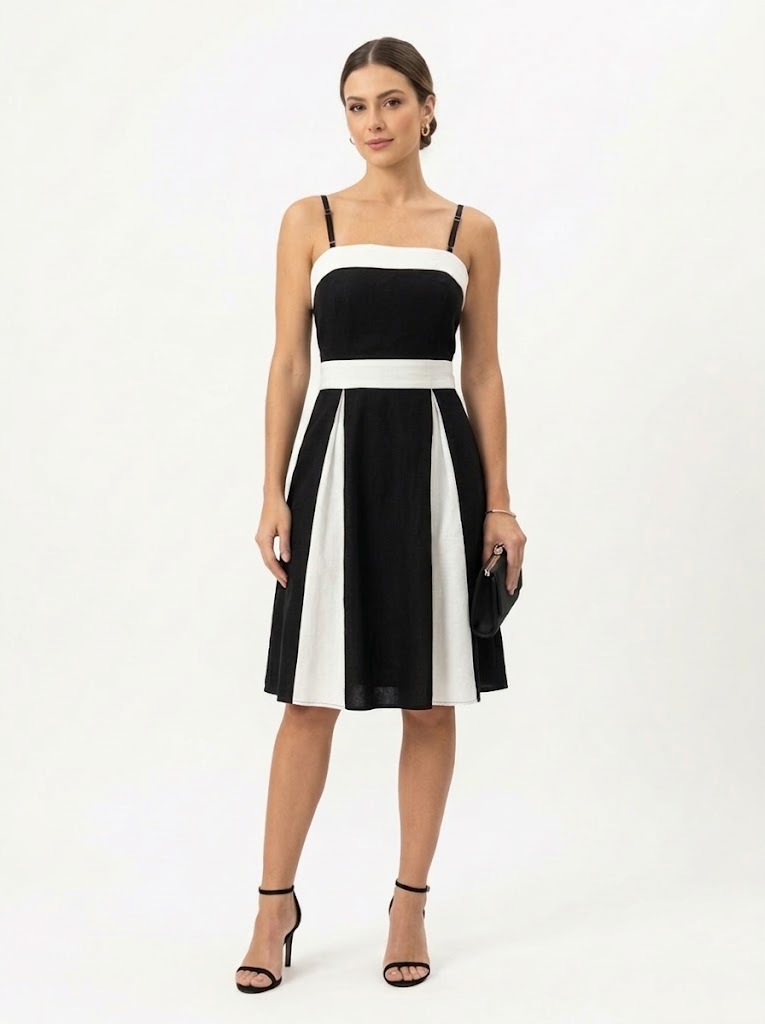Vestido Midi Bicolor Rosa Boneca Preto e Branco