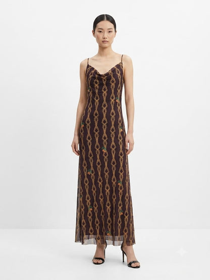 Vestido Farm Longo Tule Correntes Douradas