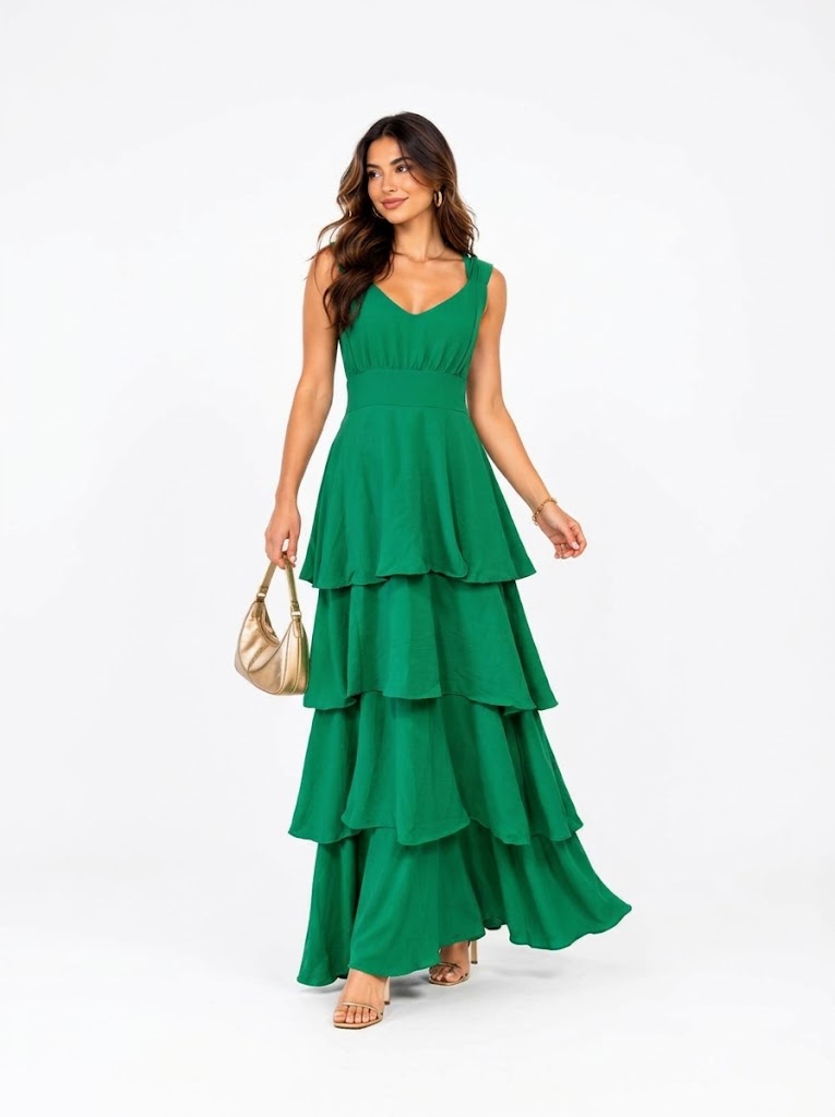 Vestido Linda Rosa Verde Babados