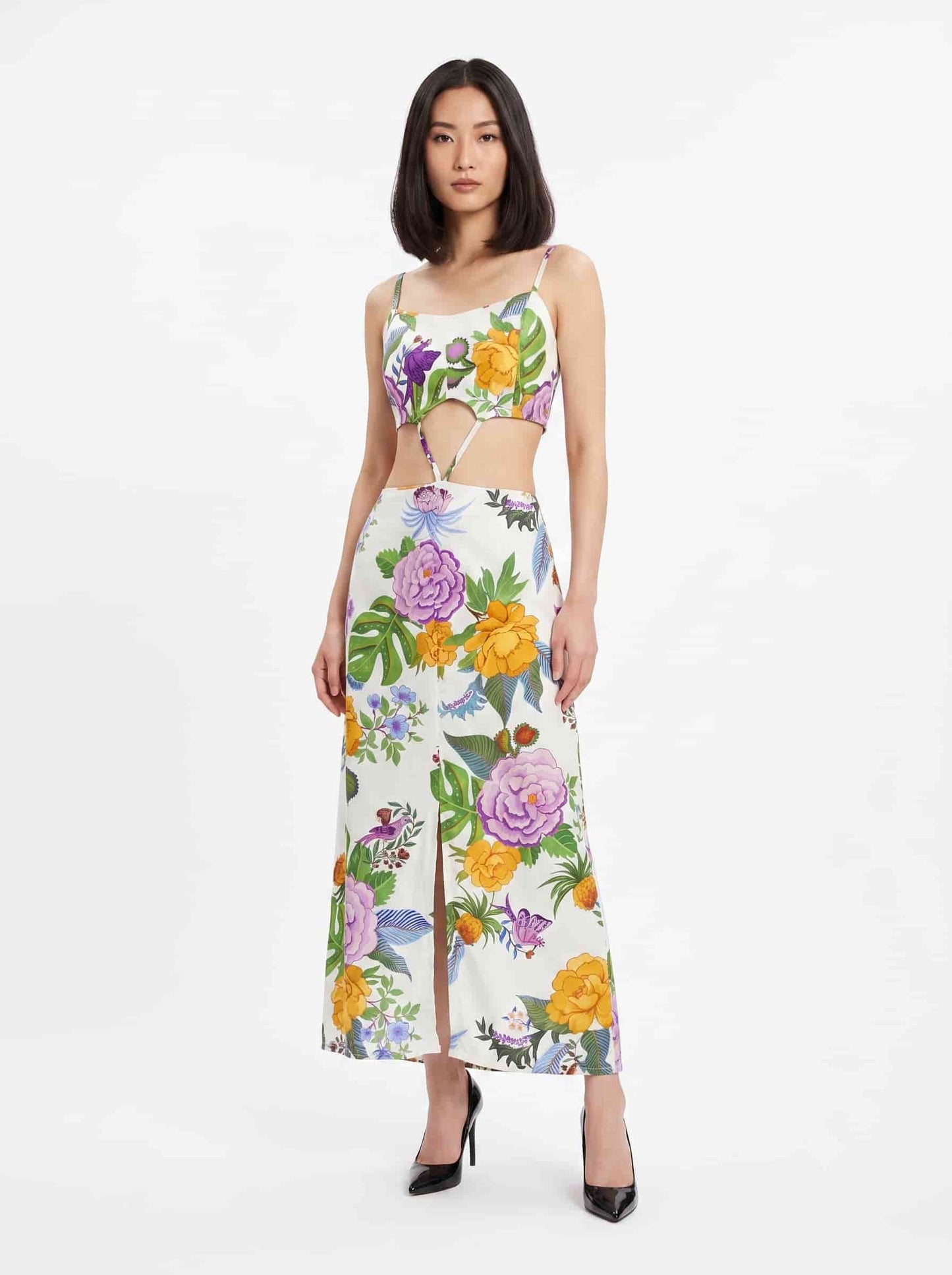 Vestido Farm Floral em tons de Lilás e Laranja
