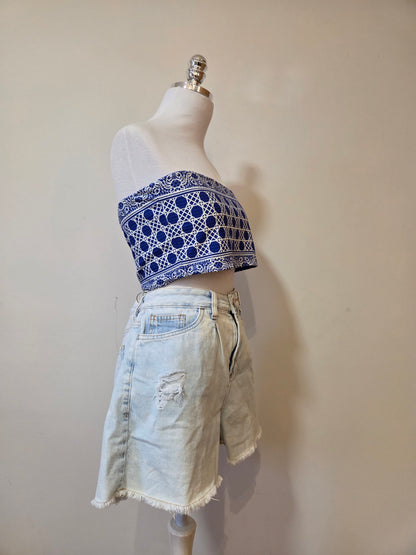 Top Faixa Dupla Face Farm Refresco Canelado Azul e Branco