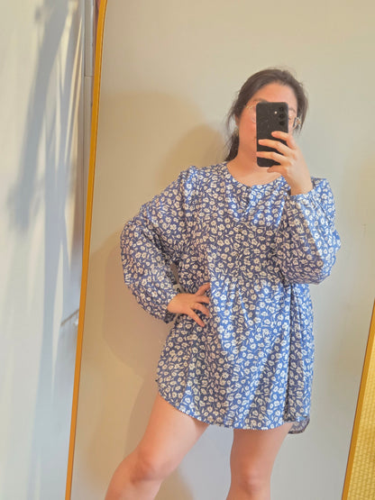 Blusa Túnica Floral Old Navy Azul com Botões Frontais