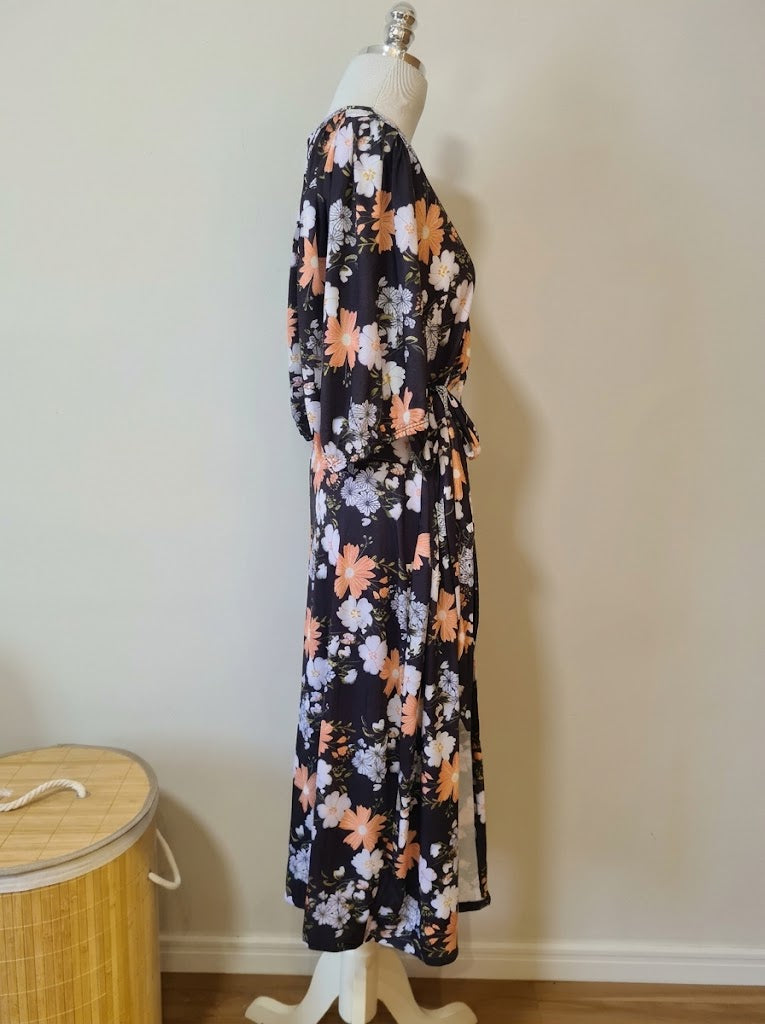 Vestido Fiveblu  Transpassado Midi Floral Preto