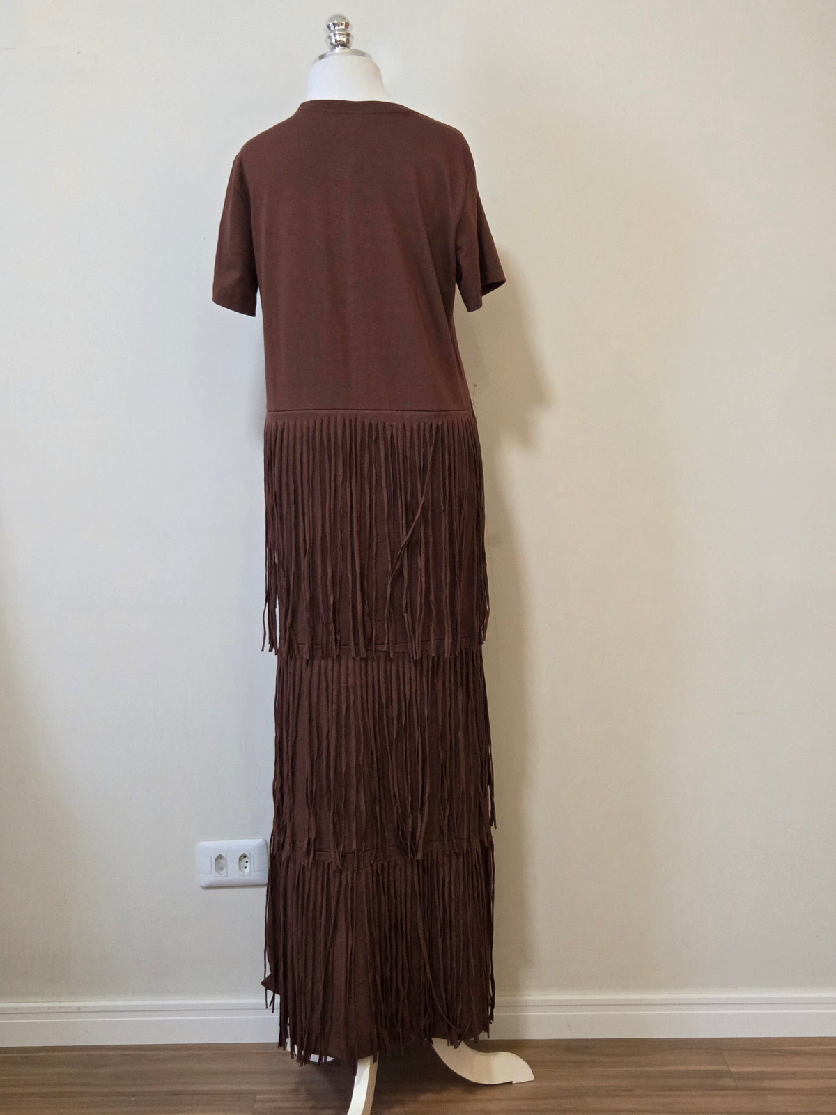 Vestido Longo Farm T-Shirt Franjas À Carioca Marrom