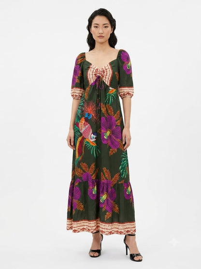 Vestido SM Estampado Floral e Araras