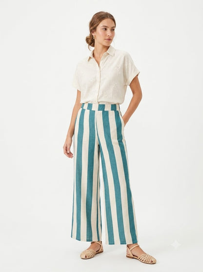 Calça Pantalona Verde e Off Listrada