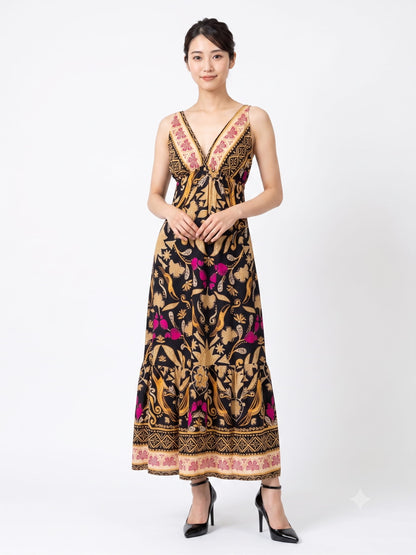 Vestido JMS Estampado Floral e Tucanos Fundo Preto