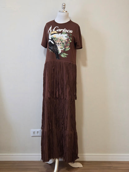 Vestido Longo Farm T-Shirt Franjas À Carioca Marrom