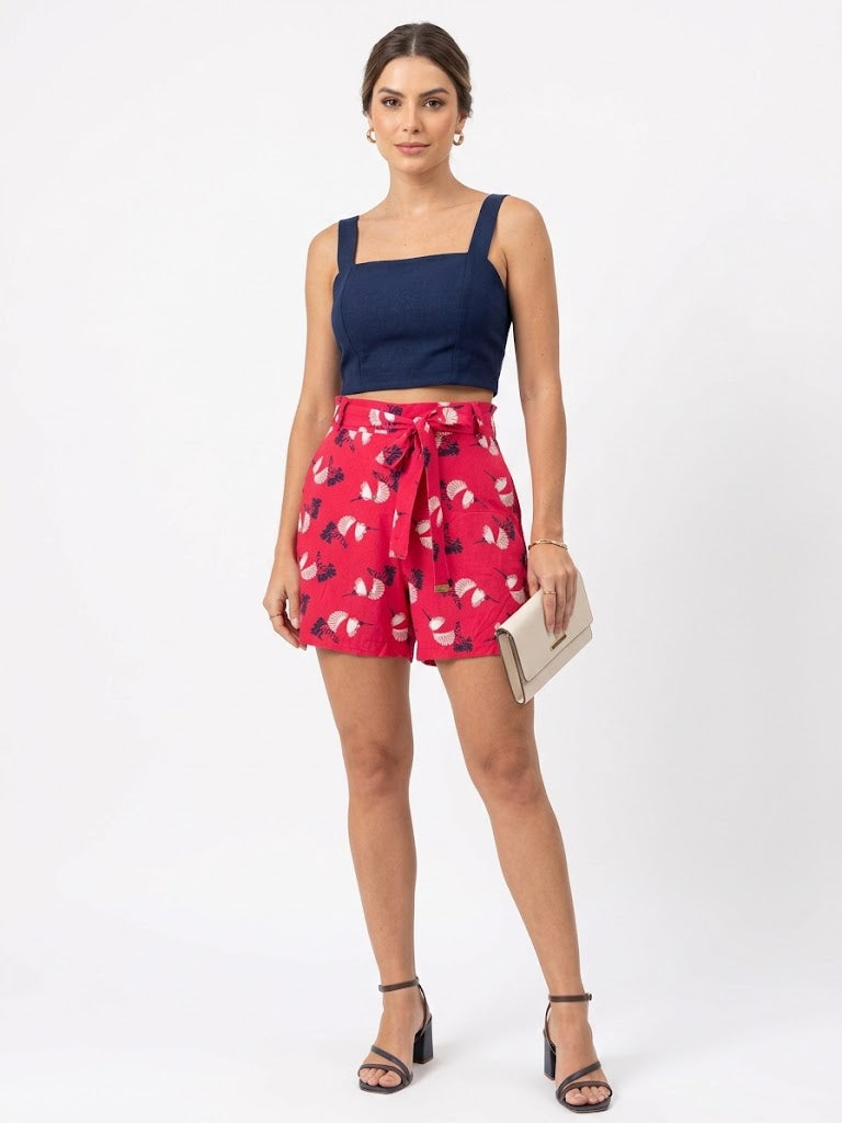 Short Estampado com Faixa de Amarração Maria Filó Rosa