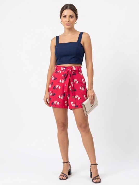 Short Estampado com Faixa de Amarração Maria Filó Rosa
