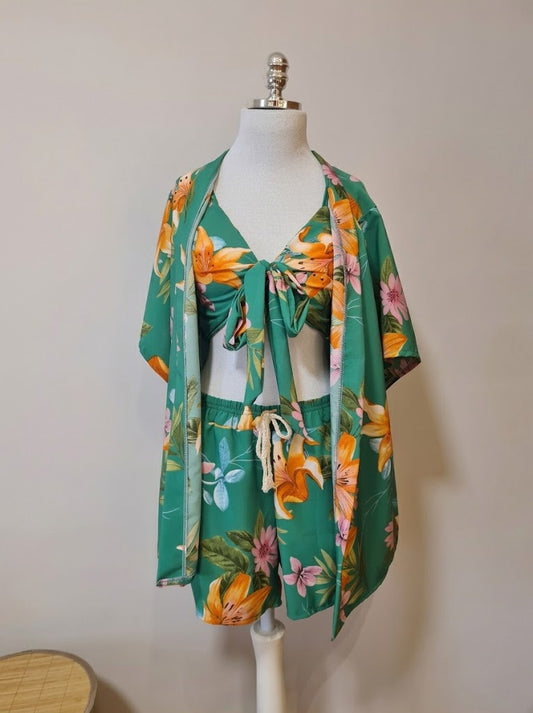 Trijunto  Rosa Boneca Verde Floral Tropical