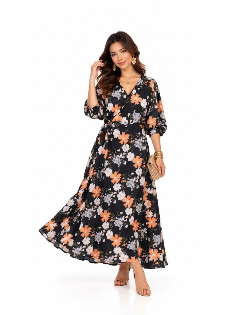 Vestido Fiveblu  Transpassado Midi Floral Preto