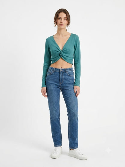 Blusinha Nati Vozza Verde Manga Longa com Torção Frontal