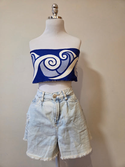 Top Faixa Dupla Face Farm Refresco Canelado Azul e Branco