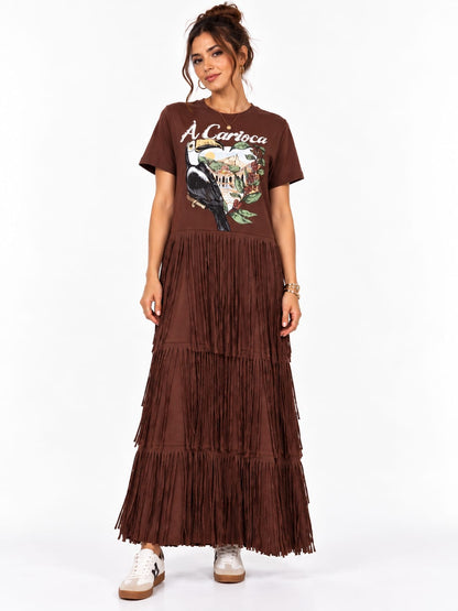 Vestido Longo Farm T-Shirt Franjas À Carioca Marrom