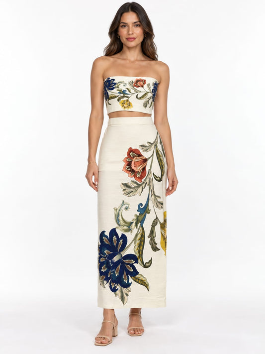 Conjunto Farm Top e Saia Longa Maitê Floral Off-White