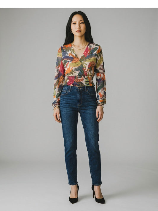 Blusinha Blue Steel Floral Tule Manga Comprida
