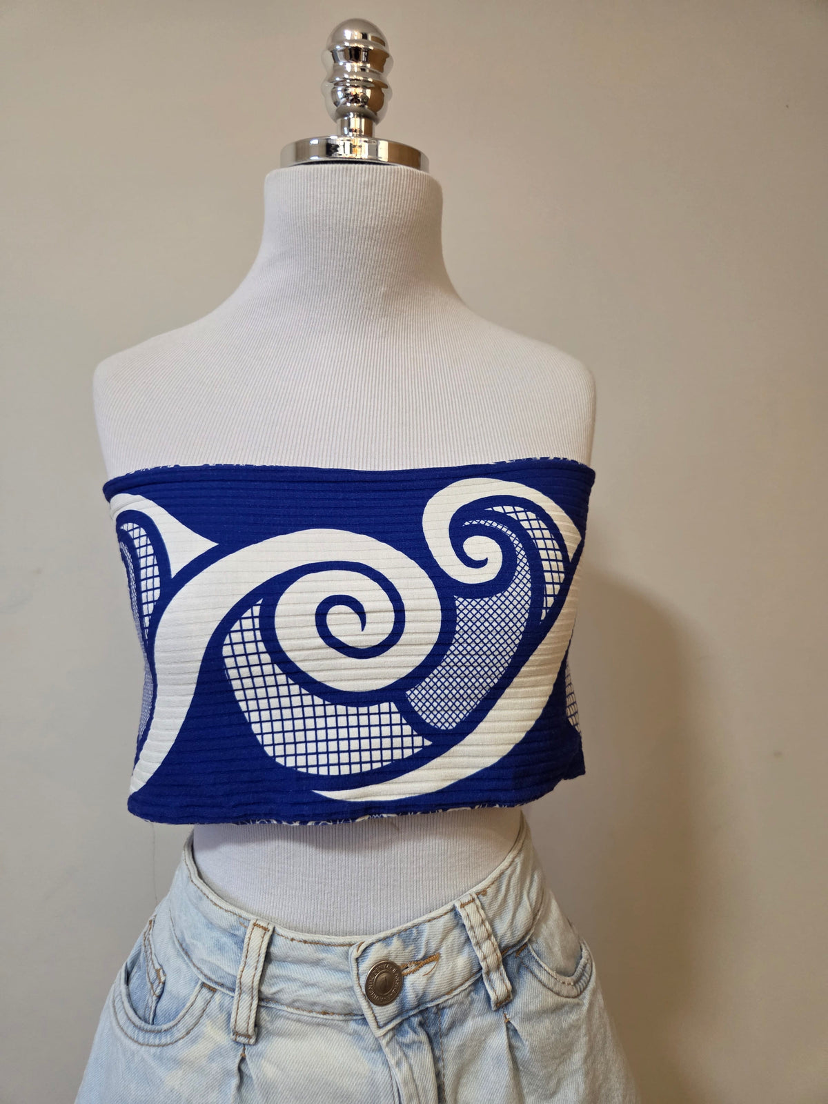 Top Faixa Dupla Face Farm Refresco Canelado Azul e Branco