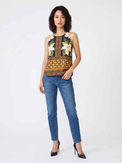 Regata Farm Floral Laranja e Creme Fundo Preto
