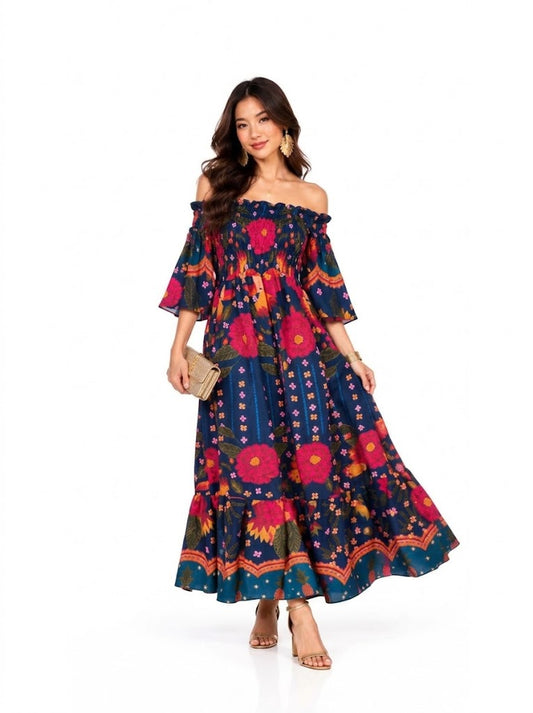 Vestido Chris Modas Ombro a Ombro Azul Marinho Floral