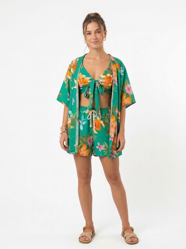 Trijunto  Rosa Boneca Verde Floral Tropical