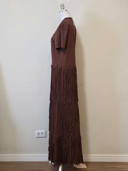 Vestido Longo Farm T-Shirt Franjas À Carioca Marrom
