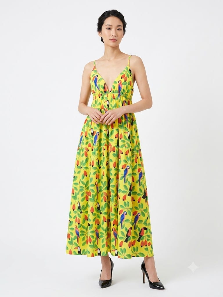 Vestido Farm Midi Cajus e Tucanos Fundo Amarelo