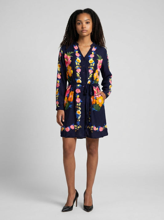 Vestido Chemise Mahamaya Fashion Azul Marinho Floral
