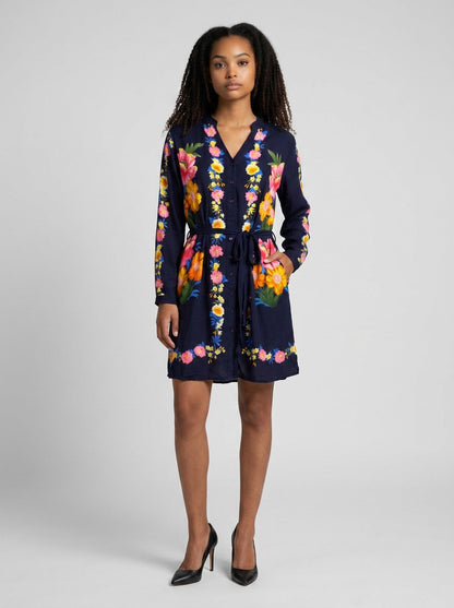 Vestido Chemise Mahamaya Fashion Azul Marinho Floral