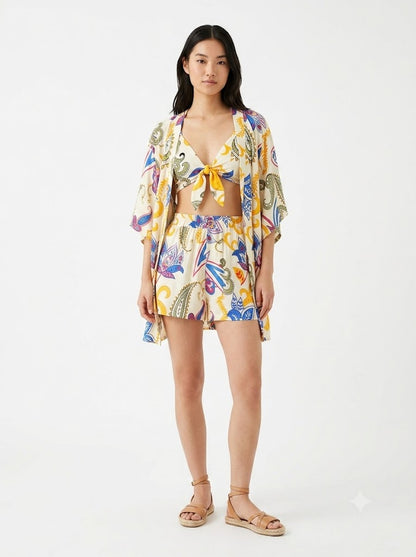 Trijunto Top Shorts e Kimono Floral
