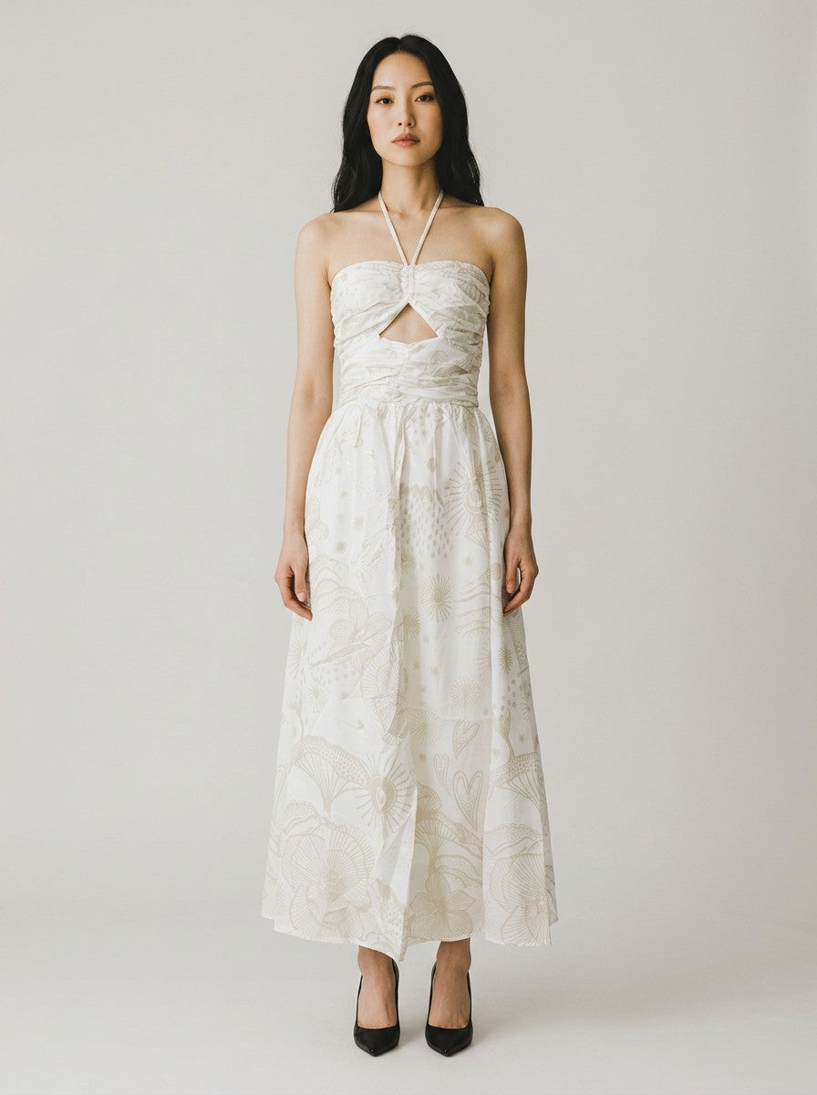 Vestido Farm Jardim Místico Foil Bege
