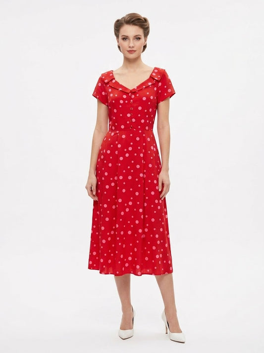Vestido Antix Midi Vermelho e Poás Rosa