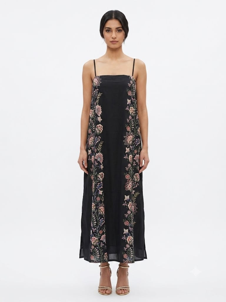 Vestido Farm Lateral com Floral Vermelho e Fundo Preto