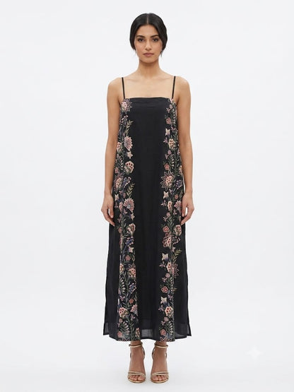 Vestido Farm Lateral com Floral Vermelho e Fundo Preto