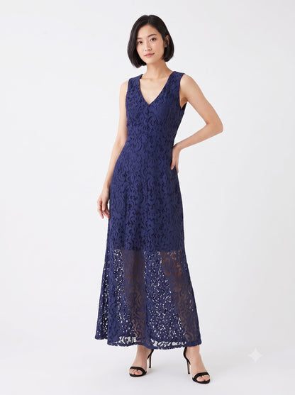 Vestido A Gestante Rendado Azul Marinho